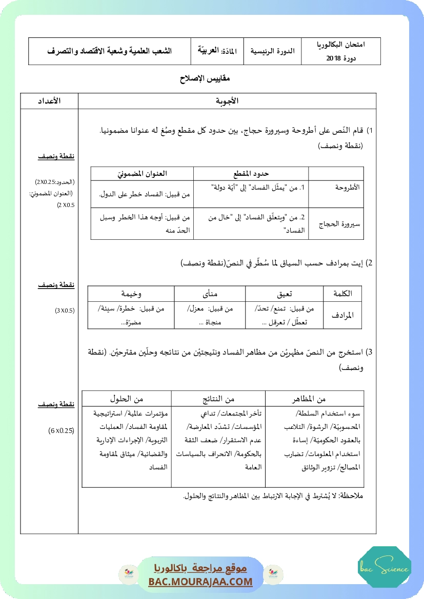 Corrigé principale arabe Bac 2018 – Section science